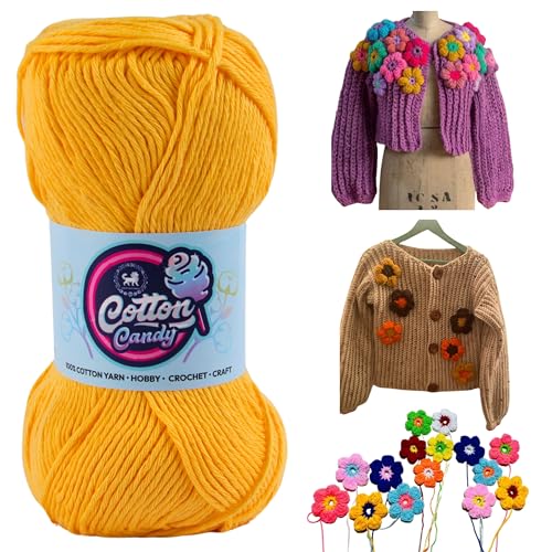 Image of NESTNHAVEN Cotton Candy 100% Cotton Yarn - (100g, 185 Meters) - Luxury Yarn for Crochet, Amigurumi, Embroidery, Toys, Garments, Flowers and Hobby, Projects. (Sunset Yellow) | (500 Gm)