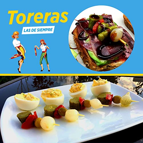 TORERAS - 2er Pack - Grüne Oliven, Paprika, Gurke, Zwiebeln in nativem Olivenöl - Essiggurken Oliven, Aufgespießtes Gemüse in Essig, Konserven Aufbackbrötchen, Spanien Aperitif - Pikanter Geschmack