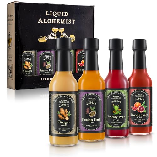 Liquid Alchemist Syrup Sample Pack - 4 Flavor Variety Set: Passion Fruit, Blood Orange, Ginger, & Prickly Pear – 150 ML Bottles – Cocktail Syrups for Drinks, Mocktails, Margaritas & Mixers