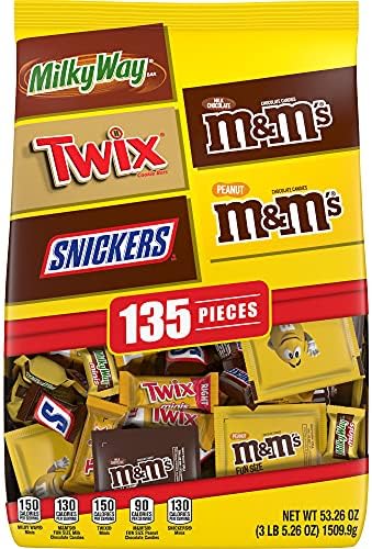 M&M'S Milk Chocolate, M&M'S Peanut, SNICKERS Chocolate Candy, TWIX Caramel Cookie Bar & MILKY WAY Caramel Milk Chocolate Bulk Halloween Candy Assortment, 53.26oz (135 Pieces)