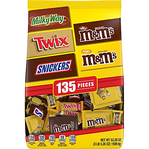 M&M's Milk Chocolate, M&M's Peanut, Snickers Chocolate Candy, Twix Caramel Cookie Bar & Milky Way Caramel Milk Chocolate Bulk Halloween Candy Assortment, 53.26Oz (135 Pieces) #TOP12