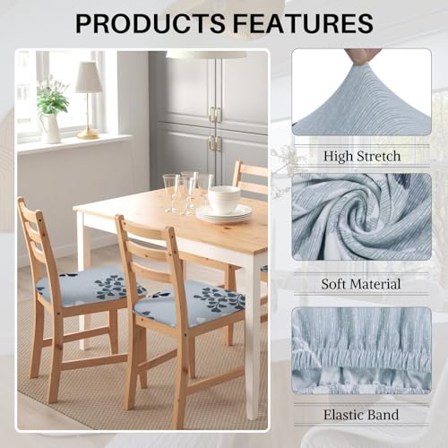 Image of SearchI Water Repellent Seat Covers for Dining Chairs, 4 Pack Jacquard Stretch Dining Room Chair Seat Covers, Kitchen Chair Seat Covers Protectors(Grey Foliage)
