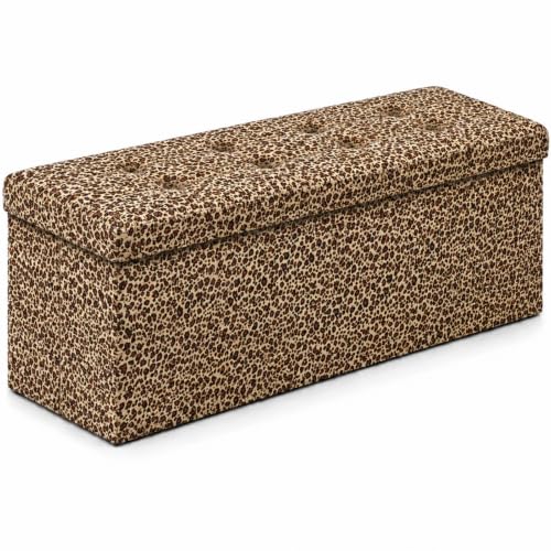 Image of ALASDO 43 Inch Folding Storage Ottoman Bench with Hidden Storage, PU Leather Ottoman Foot Rest Stool, End of Bed Bench for Bedroom, Living Room, Entryway and Closet, Leopard Print