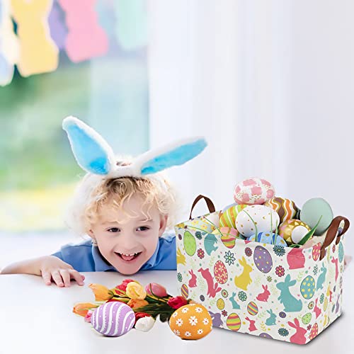 Image of CLOCOR Easter Eggs Basket Empty with Colorful Eggs-pattern,Rectangular Easter Gift Basket with Handles for Boys and Girls,Toys Bin,Room Decor(Easter Eggs Basket)