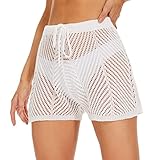 Jumppmile Womens Crochet Cover Up Shorts Hollow Out High Waist Knit Bathing Suit Bikini Swimsuit with Drawstring White XL
