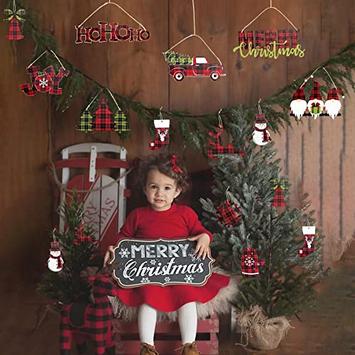 18Pcs Christmas Tree Ornaments Buffalo Plaid Merry Christmas Hohoho Joy Sign Wooden Xmas Vintage Red Truck Gnomes Snowflake Snowman Reindeer Bell Socks Gloves For Holiday Party Decorations Supplies #TOP6