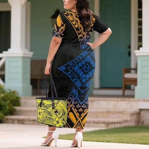 Image of Puletasi Samoan Traditional 2 Piece Outfits for Women Short Sleeve Crop Top and Maxi Skirt Sets Puletasi Dress