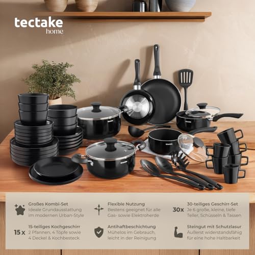 tectake® Küchenstarterset 6 Personen, Steingut Geschirr Set, Teller, 4 Töpfe 2 Pfannen rostfreies Aluminium, Kochtopf Set, Töpfe Set, kratzfest, leichte Reinigung, 5 Küchenwerkzeuge - schwarz, 45-tlg