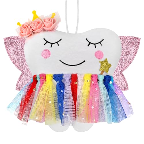 Tooth Fairy Pillow with Pocket for Girls Shiny Wings Tooth Fairy Bag Keepsake Gift for Girl (Colorful)
