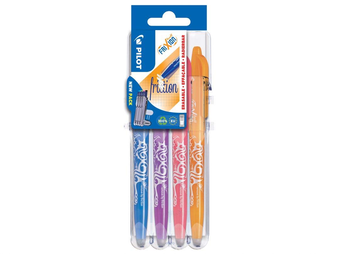 Pilot - 1 Etui Chevalet de 4 rollers FriXion Ball Fun Pointe Moyenne 0.7 mm. Assortis Turquoise, Violet, Rose et Orange