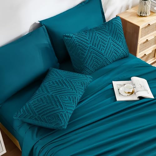 Image of Andency Oversized King Size Comforter Set 7 Pieces Teal - Bed in a Bag Oversized King Boho Lightweight Fluffy Tufted Bedding Sets with Comforter, Sheets, Pillowcases & Shams