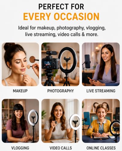 Image of 10 Inch LED Ring Light with Mobile Holder | 3 Color Lighting Modes | Adjustable Brightness | USB Powered Selfie Ring Light for Photography, Makeup, Video Recording