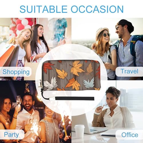 Maple Leaves on Rustic Wooden Board Autumn Leather Wallet Fashion Bifold Purse Long Pouch with Wrist Strap for Men Women4