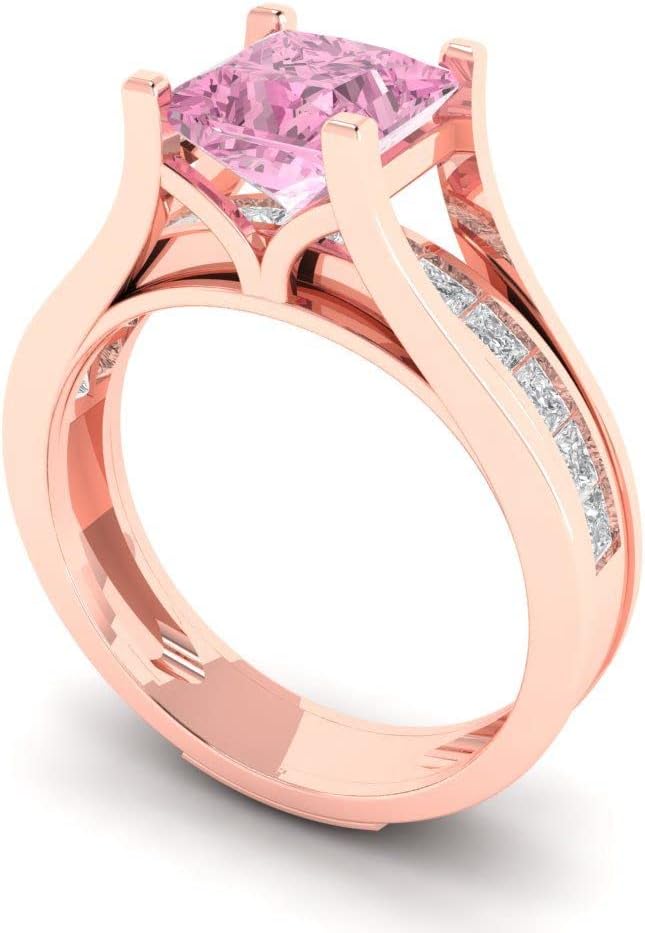 Clara Pucci 14K Rose Gold Wedding Set - Simulated Pink Diamond Solitaire with Accents Engagement Ring and Stackable Simulated Diamond Wedding Band for Women - Bridal Engagement Set
