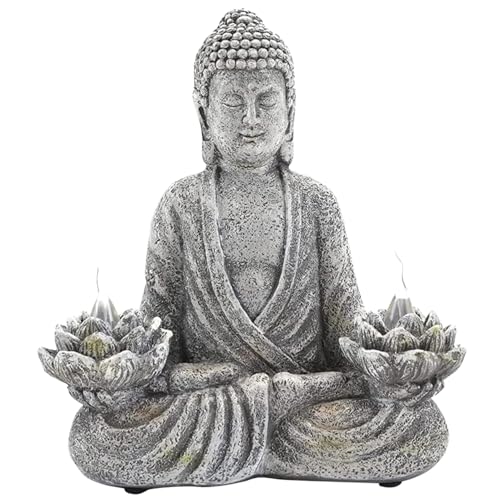 NASSMOSSE Statue de Bouddha en résine avec lumières de lotus solaires LED, imperméable, alimentée par énergie solaire, blanc, classique, religieux, pour jardin, patio, terrasse, porche