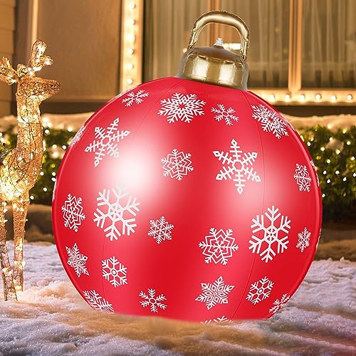 Christmas Inflatable Ball 24 Inch Giant Christmas Decorated Balls with Pump Christmas Blow up Yard Decorations PVC Waterproof Reusable Ornaments Balls for Home Garden Xmas Decoration