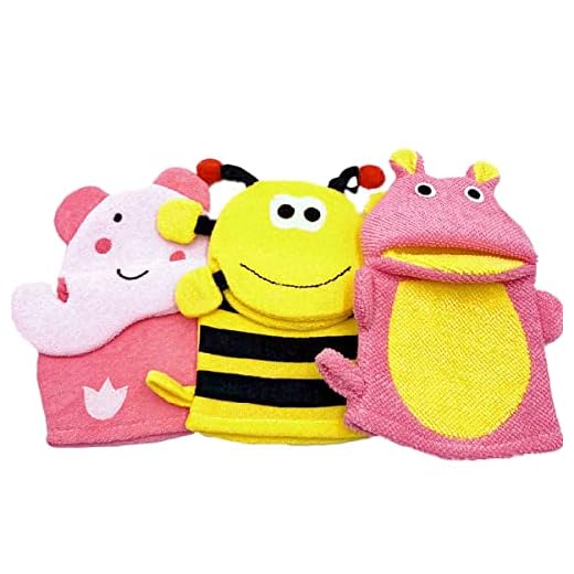 Lot de 3 gants de toilette pour bébé avec petite éponge – Motifs animaux mignons gants de toilette pour enfants, gants de bain pour nettoyer la peau (éléphant, hippopotame, abeille)