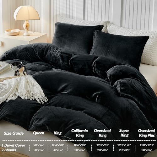 Image of WARMDERN Black Velvet Duvet Cover Set Oversized King Plus, Luxury Milk Velvet Bedding Duvet Cover with Zipper Closure, 3pcs Ultra Soft Duvet Covers for All Seasons, 128 inch x 120 inch, Black