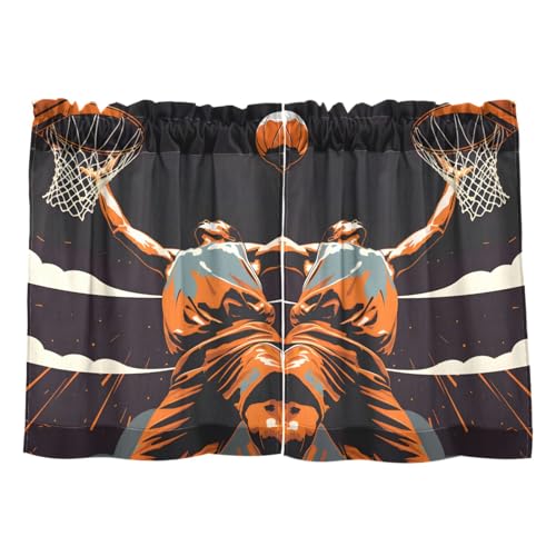 Basketball Player in Action Short Cafe Curtain Tiers Small Windows Kitchen Bathroom Curtains Sets 24 inch