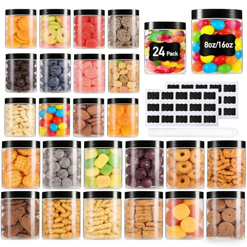 Vivimee 24 Pack Plastic Jars with Lids 16 oz (12 Pack) & 8 oz (12 Pack), Clear Plastic Mason Jars, Leakproof Slime Containers for Peanut, Spice, Cookie, Candy and Dry Food, Empty Jars for Storage
