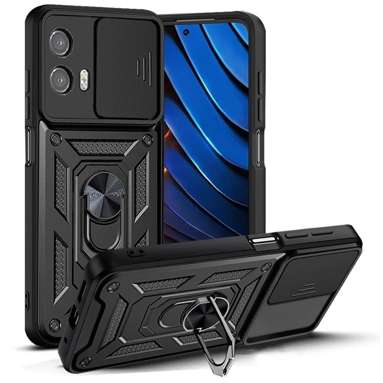 TPU+PC Back Cover Compatible to Moto G24 Power with Sliding Camera Shield Cover & 360° Protection Build-in Ring Stand Mobile Phone Case for Moto G24 Power (Black)