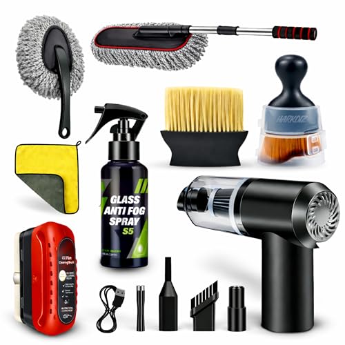 Image of 8 Pcs Car Combo Kit with 3-in-1 Mini Vacuum Cleaner, Microfiber Cloth, Duster, Wheel Brush, Anti-Fog Spray & Glass Cleaning Tools (8 in 1 Car Combo) (Multicolour)