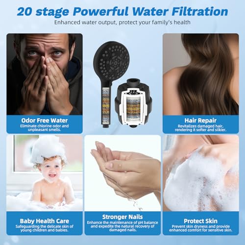 Image of Hibbent 10 inch Dual Filtered 10 inch Rainfall Shower Head with Handheld 10-Spray | High Pressure Metal Matte Black Showerhead Combo with Filter, Extension Arm with 4-way Diverter, 71'' Shower Hose & Holder
