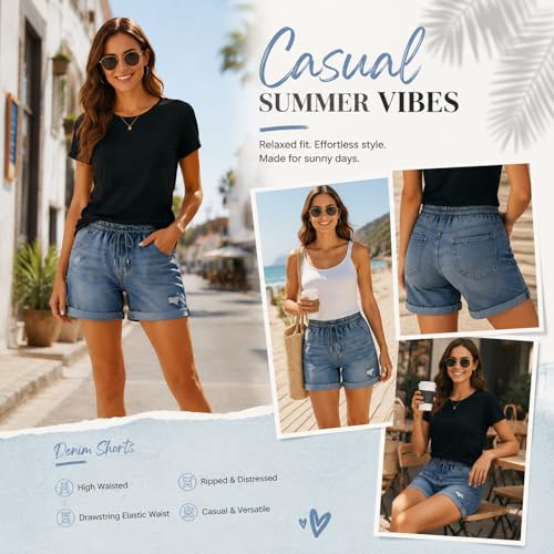 Womens High Waisted Jean Shorts, Stretchy Baggy Ripped Roll Up Hem Women's Denim Shorts with Drawstring and Pockets, Distressed Casual Summer Short for Women Black XXL — view 4