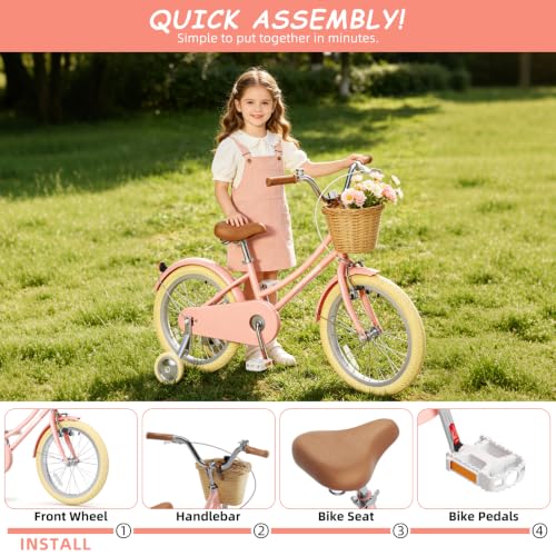 Image of Glaf 12 14 16 18 20 24 Inch Girls Bike with Training Wheels /Kickstand Kids Bike for 2-15 Years Old Toddler Girls Bicycle with Basket, Beach Cruiser Girls Bike