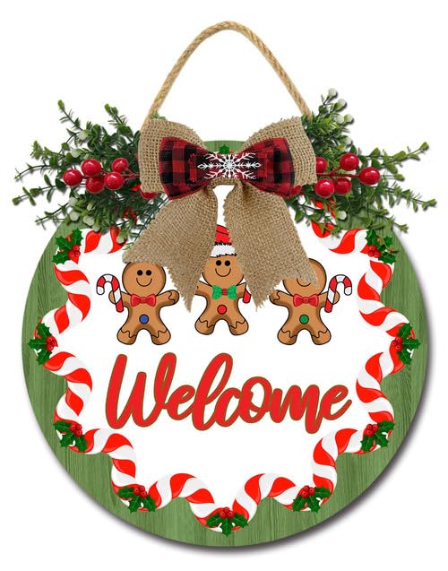 Geroclonup Christmas Decoration Gingerbread Man Welcome Sign 30cm Round Wooden Christmas Wall Decor Rustic Holiday Wreath Decor for Front Door Porch Home Window Wall Farmhouse Decorations