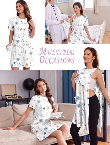 Image of Deyeek Women's Post Shoulder Surgery Hospital Gowns Tear Away Short Sleeve Full Open Side Snap Adaptive Clothing Nightgowns