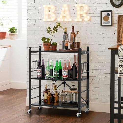 Image of Himix 3 Tier Foldable Storage Shelf with Wheels 6 Hooks No Assembly Black | Metal collapsible organization, Folding shelves rack, Wire shelving, Unit rolling cart, Kitchen, Garage, Holds 792 Ibs