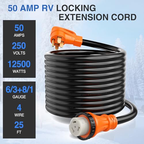 Image of Nilight 50 Amp 25FT RV Locking Extension Cord 250V Heavy Duty 6 /3+8 /1 Gauge Pure Copper STW Wire ETL Listed 4 Prong 14-50P SS2-50R 50F /50M Cable Suit for Trailer Campers Caravan