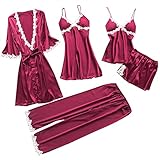 MEITING 5PC Schlafanzug Damen Pyjama Set Mode Dessous Unterw채sche Babydoll Nachtw채sche Kleid R체ckenfrei Zweiteilige Nachthemd Schlafanz체ge Kimono Negligee W채sche Set Frauen Spitze Kurzarm Hausanzug