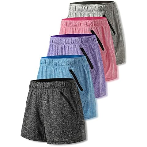 5 Pack: Womens Workout Gym Shorts Casual Lounge Set, Ladies Active Athletic Apparel with Zipper Pockets (Set 1, Medium) Cover