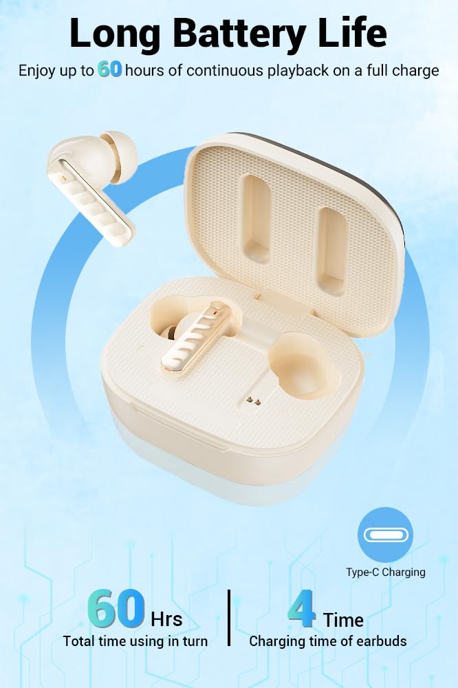 Auriculares inalámbricos, Bluetooth 5.4, cancelación activa de ruido ANC con funda inteligente para pantalla táctil, tiempo de reproducción de 60 horas para deportes y trabajo, sonido estéreo de