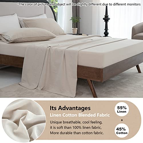 Talasily Linen Sheet Set Queen Size Bed Sheets Set -4 Pieces (1 Flat Sheet & 1 Fitted Sheet & 2 Pillowcases) 55% Linen 45% Cotton Blend Queen Sheet Set With 16-Inch Deep Pockets Soft Sheet-Beige #TOP1