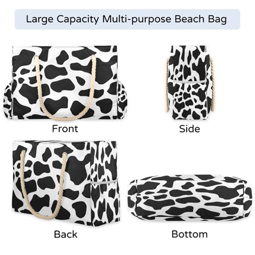 Cow Print Skin Large Beach Bags for Women with Zipper Beach Tote Bag Waterproof Sandproof Gym Swim Pool Grocery Travel Bag4