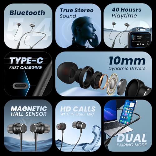 Image of VIDA NeckBlaze V10, Wireless in-Ear Neckband, 40Hrs Playtime, Dual Pairing, Magnetic Hall Sensor, BT v5.4, Type-C Fast Charging, 10mm Drivers, HD Calls with in-Built Mic (Black)