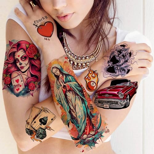 6 Sheets 3D Mexico Chicano Temporary Tattoos For Women Men Adults, Watercolor Guadalupe Tattoo Sticker, Prison Gangster Cholo Joker Chicana Halloween Tattoos Face, Tatuajes Temporales Autocolante