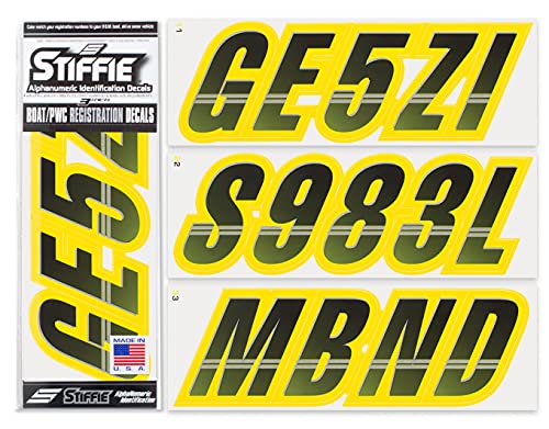 Image of STIFFIE Techtron Black /Electric Yellow 3 inch Boat & PWC Registration Decals • Numbers Letters Stickers