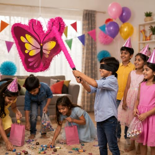 Image of Wanna Party Mini Butterfly Shaped Pinata Khoi Bag with Stick for Kids Birthday Party, Fillable for Butterfly Theme Birthday Party Decoration, Pinata for Fairy & Princess Theme Party Decoration