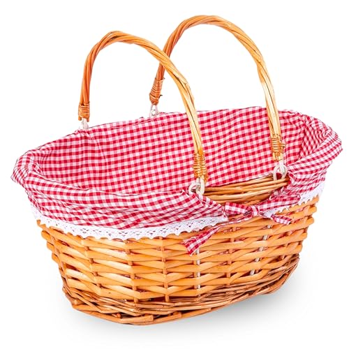 ADEPTNA Lightweight Wicker Shopping Basket with Foldable Handles – Handwoven Willow Hamper with Red Gingham Cotton Liner – Gift, Picnic, Easter, Toy, Garden, Storage Basket (LARGE)