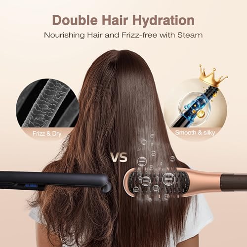 Image of Steam Hair Straightener Brush, Steamline Pro 3 in 1 Straightening Brush, Curly & Frizzy Hair,Smooth Without Flattening, 5 Temp Settings & LED Display, Dual Voltage, Professional Tools, Vivid Orange