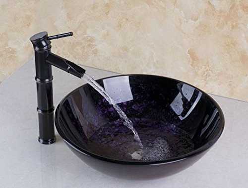 Vessel évier en verre trempé rond avec robinet laiton assorti pour salle de bain