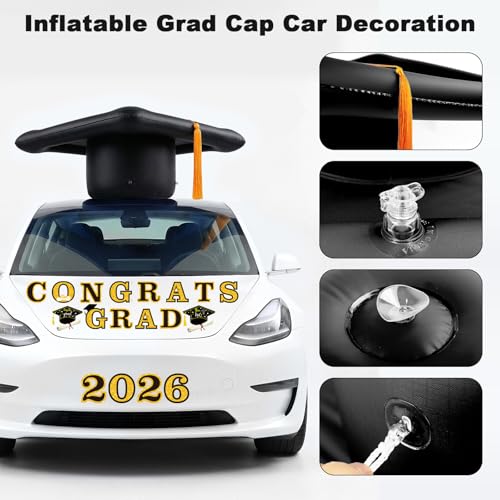 2026 Graduation Car Decorations, 27" Large Inflatable Car Graduation Cap Decors, Class of 2026 Congrats Grad Magnets Letters PVC Blow up Decorations for Cars Roof High School Collage Prom Party(Black by Phoncoo - Image 3