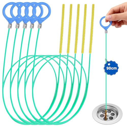 Zalava Desatascador de desagües en espiral, 5 unidades, espiral de limpieza de tuberías, 90 cm, acero inastillable con revestimiento de nailon, desatascador y atrapa el pelo para bañera, alcantarillas