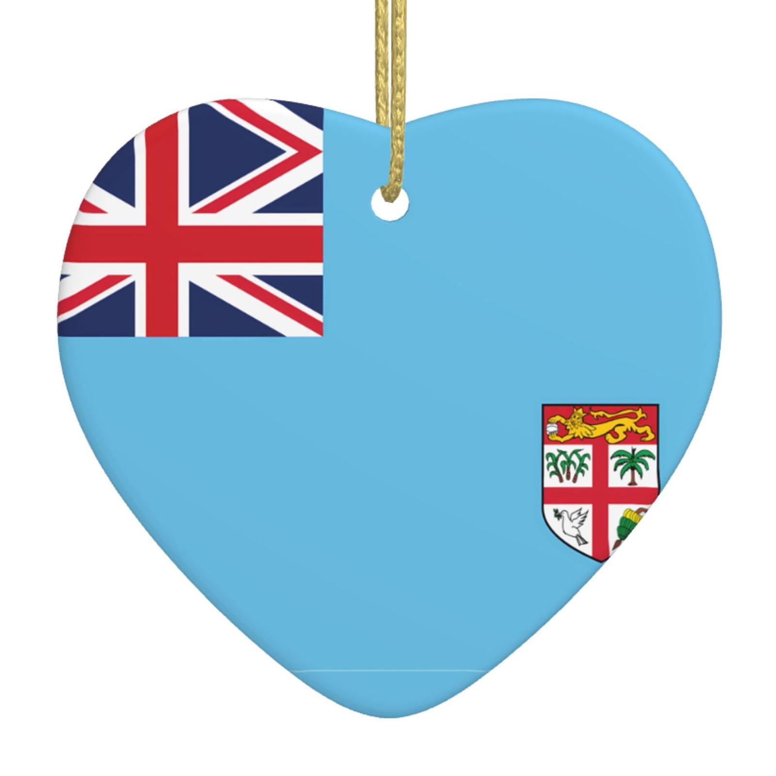 Fiji Flag Ceramic Christmas Heart Pendant with Silk Thread, Christmas Tree Home Decoration