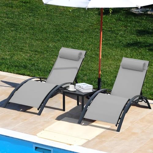 LIFERUN XXL Aluminium Sonnenliege 2er Set,mit Beistelltisch und Kopfkissen, stapelbare liegestuhl Garten, Wetterfest,5-Fach Verstellbare Rückenlehne, Geeignet für Gärten, Schwimmbäder, Strand, 2 PCS