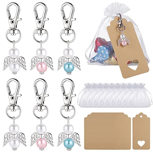 Detalles Bautizo para Invitados, 30 Llavero con Colgante de ángel Y 30 Bolsas de Organza Y Etiquetas de Papel Kraft Para Detalles Boda, Regalo Bautizo Niña, Regalos Comunión para Invitados Cover